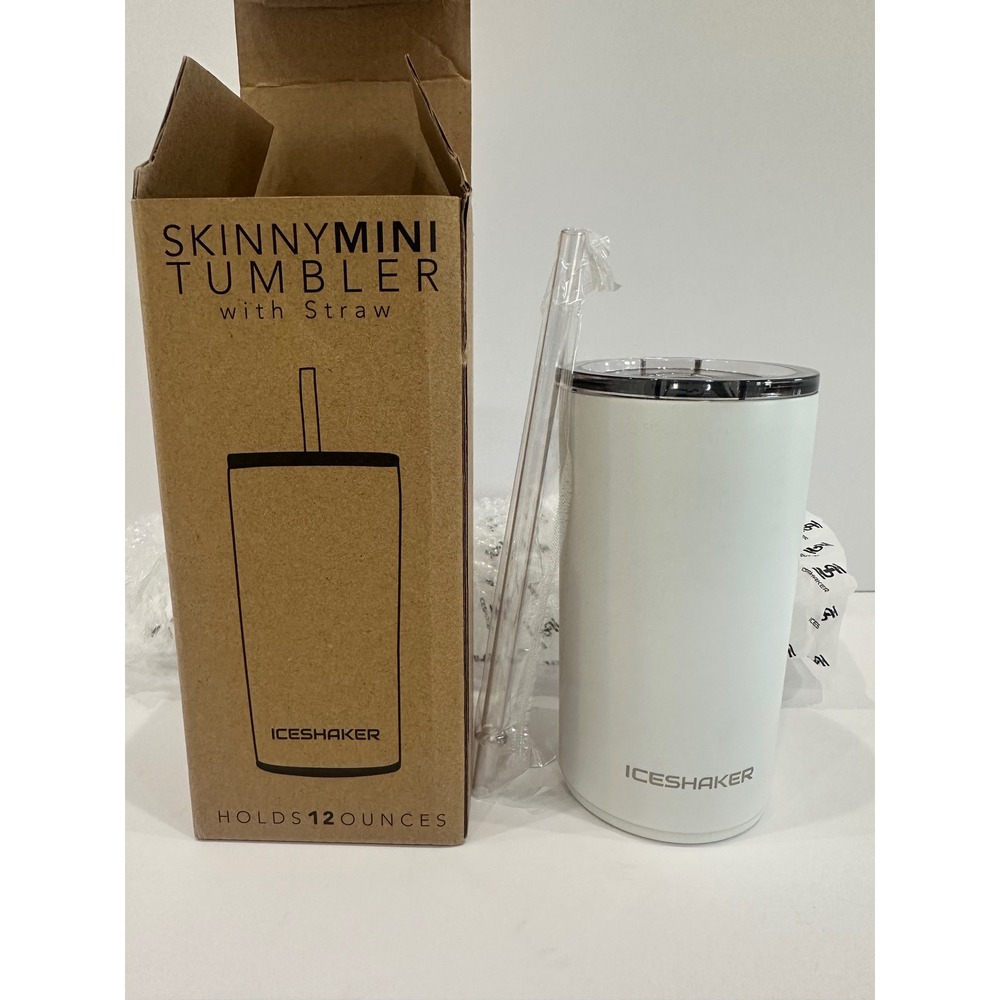 Ice Shaker Skinny Mini Tumbler 12oz White Stainless Steel Insulated with Straw